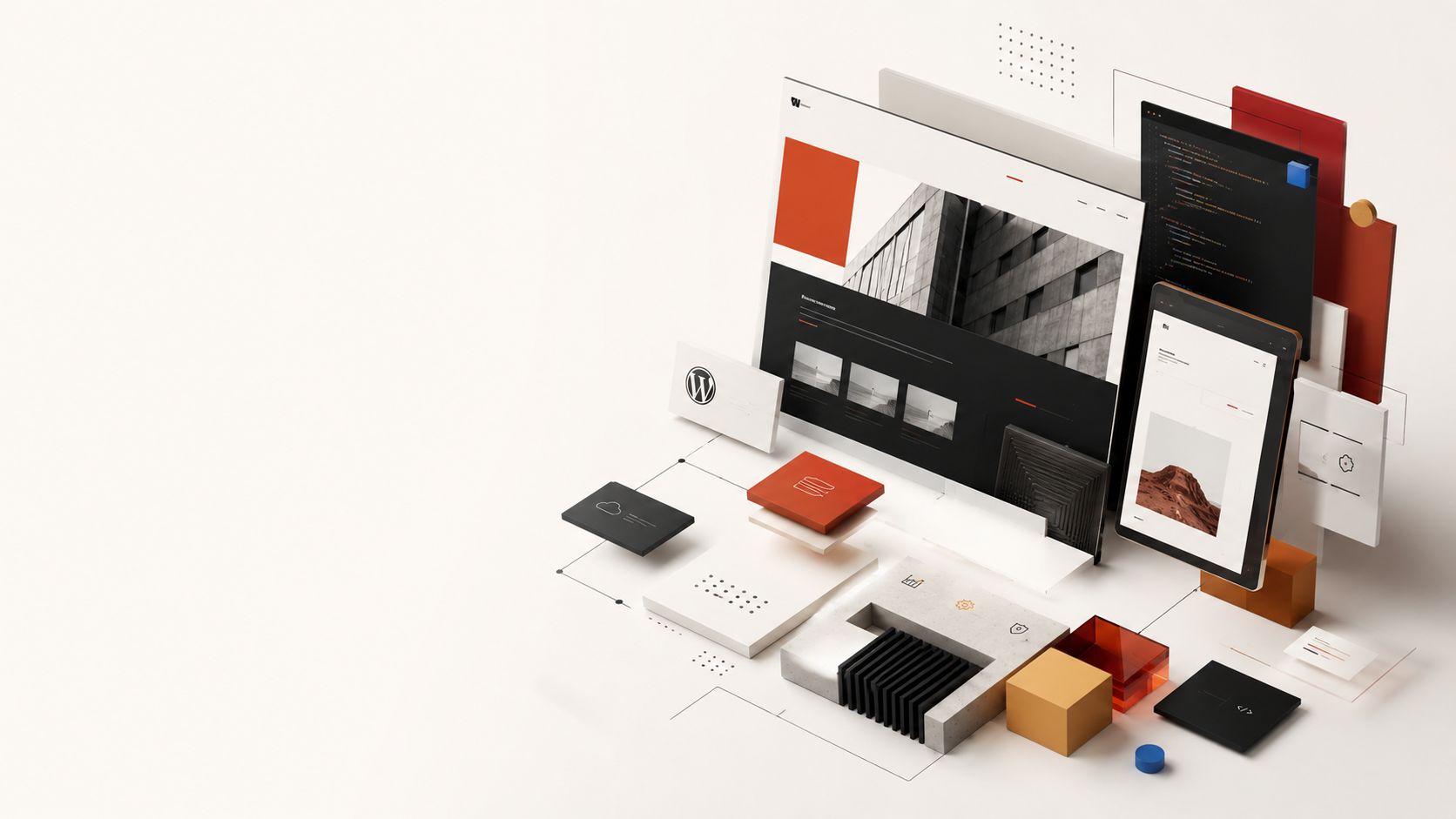 Editorial interface visual representing custom software and WordPress modules
